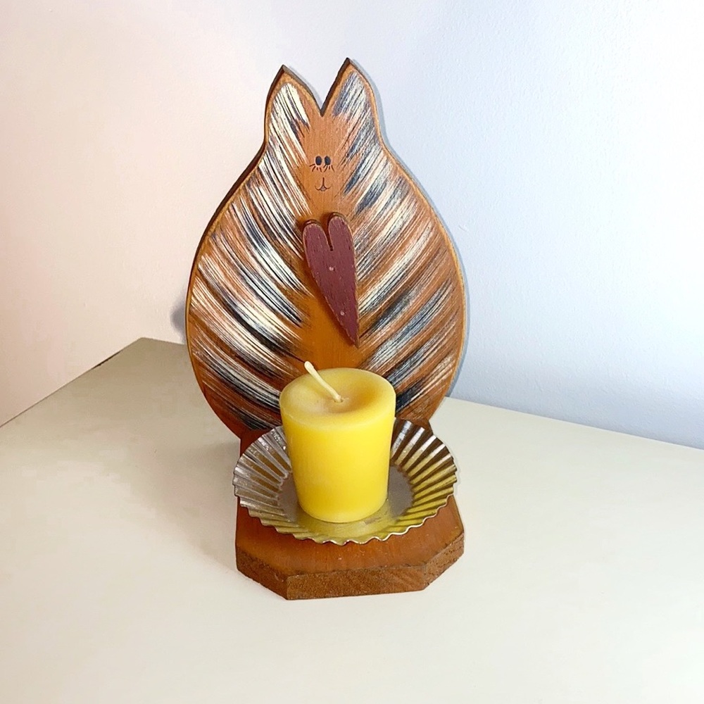 Primitive cat wood and metal candle holder